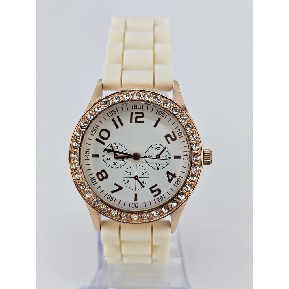 Women Analog Watch 38MM White Dial Crystal Bezel Cream Plastic Bands NEW Battery